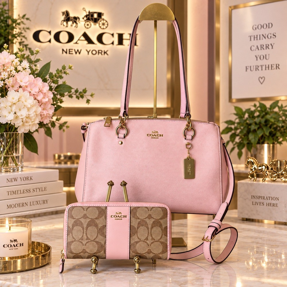 Coach Etta Carryall Pink Leather Handbag & Signature Wallet Set 76938